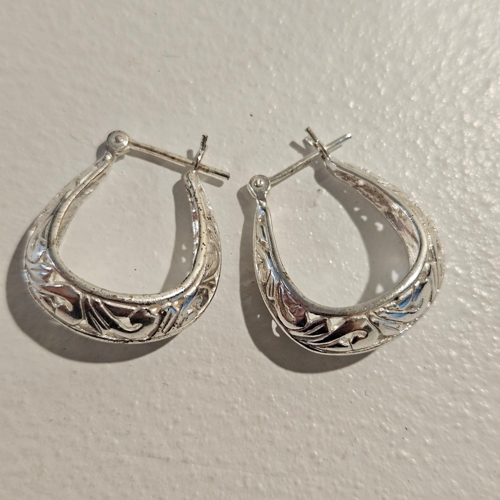 Silver Works Hoop Earrings Sterling Silver Filigree Ornate Scroll Boho Western